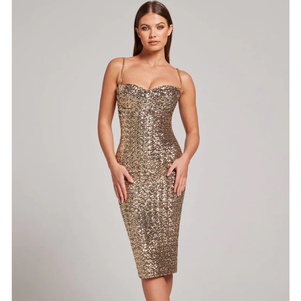 NADINE MERABI Gold Sequin Corset Midi Dress